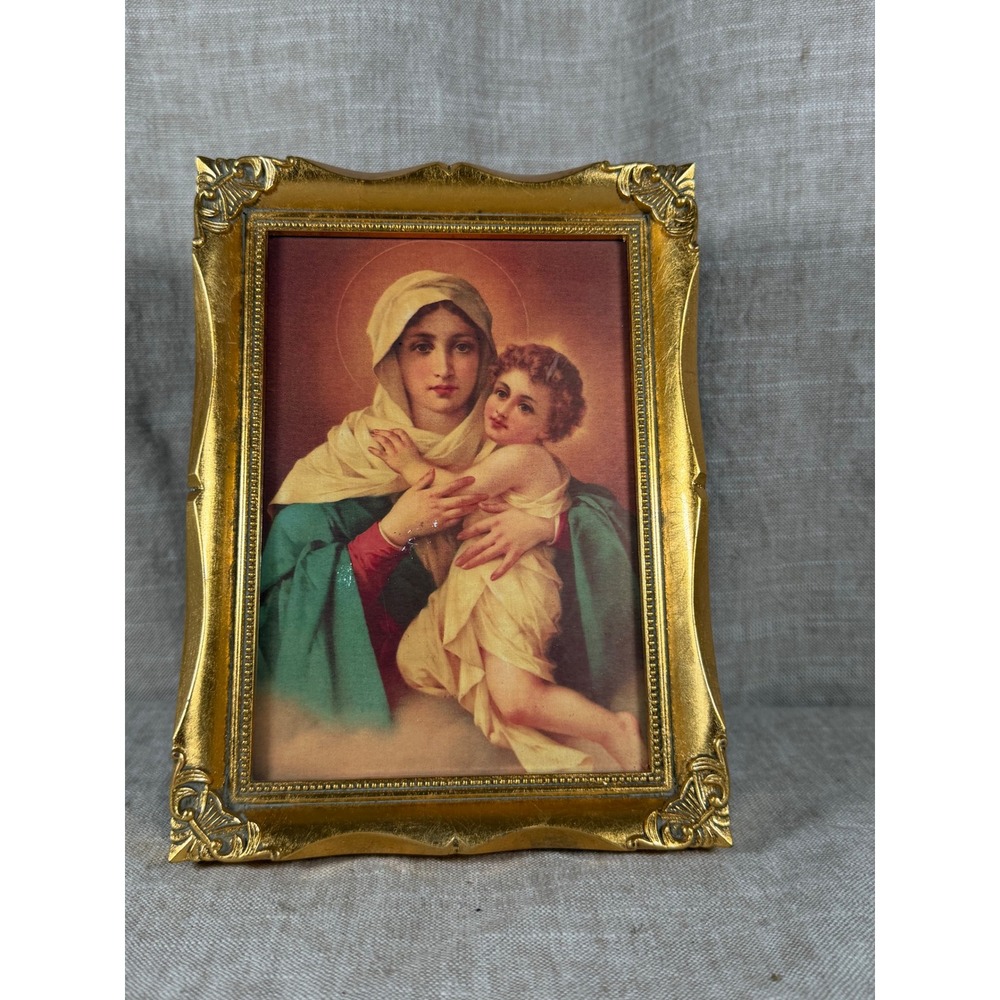 Vintage Madonna and Child Framed Print, Small Catholic Religious Art, Ornate